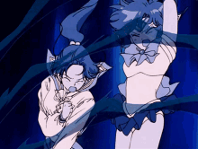 a couple of anime characters are dancing in a dark room