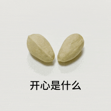 two peanuts on a white surface with chinese writing