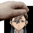 a hand is holding a cartoon character 's head in front of a black background .