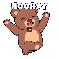 a cartoon of a teddy bear saying hooray with its arms in the air
