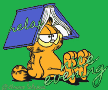 a cartoon of garfield reading a book with the words relax nice evening below it