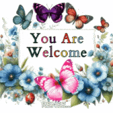a sign that says " you are welcome " is surrounded by butterflies