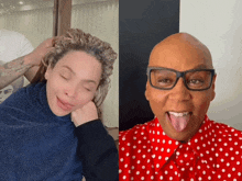 a woman getting her hair done next to a man wearing glasses