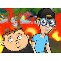 a cartoon of a boy wearing glasses and a baseball cap