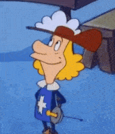 a cartoon character wearing a hat and holding a sword is smiling .