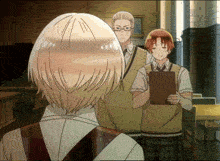 a group of anime characters are standing in a room and one is holding a clipboard