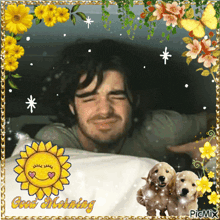 a picture of a man laying on a bed with the words good morning written in the corner