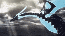 a black and blue dragon flying in the sky with the sun shining through the clouds