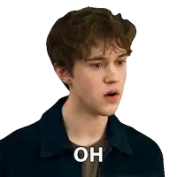 a young man with a surprised look on his face and the word oh on his chest