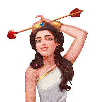 a woman with a crown on her head is holding an arrow with a heart in it