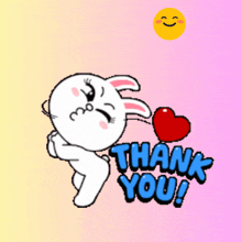 a cartoon bunny with a heart and the words thank you in blue