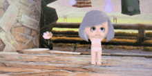 a cartoon character with gray hair is standing in front of a stone wall