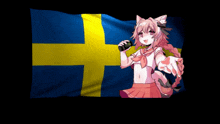 a swedish flag with a girl holding a monster energy drink in front of it