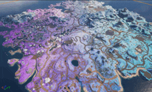 an aerial view of a snowy island with purple and blue areas