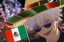 a cartoon character wearing a sombrero and sunglasses holds a mexican flag