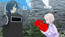 a girl wearing red boxing gloves stands next to a robot in a video game