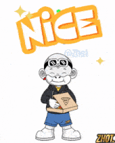 a cartoon character holding a box of pizza with the word nice above him