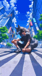 a man with a wolf on his head sits on a street