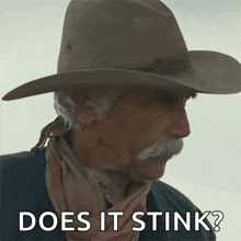 a man wearing a cowboy hat and scarf says does it stink
