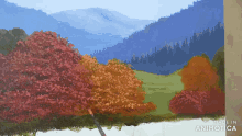 a painting of trees and mountains is made in animatica