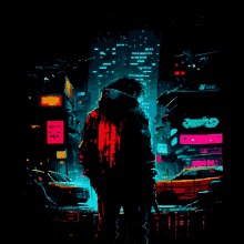 a pixel art painting of a person in a city at night