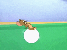 a cartoon character is sitting on top of a white ball on a green field .