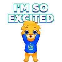 a cartoon lion wearing a blue shirt that says i 'm so excited on it