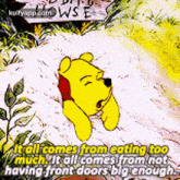 a cartoon of winnie the pooh sleeping in the woods with the words it all comes from eating too much .