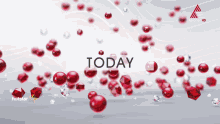 a white sign that says today is surrounded by red and white balls