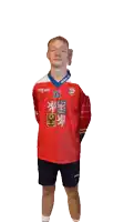 a man wearing a red and white jersey with the number 35 on it flexes his muscles