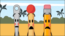 a cartoon of three pencils with sad faces standing next to each other