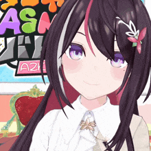 a girl with purple eyes and a flower in her hair stands in front of a sign that says azw