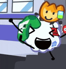 a cartoon character holding a green glove and a fireball .