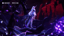 a girl with long white hair and a crown on her head looks at the camera