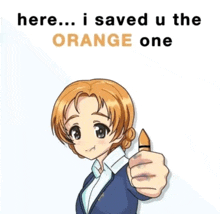 a picture of a girl giving a thumbs up with the words here i saved u the orange one