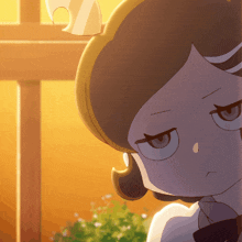 a close up of a cartoon character 's face with a serious look on her face