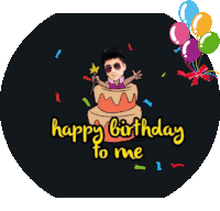 a boy is holding balloons and a cake with the words happy birthday to me below him