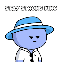a cartoon character wearing a blue hat with the words stay strong king below him