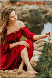 a woman in a red dress is sitting on a rock with a rose in her hand and the words have a great day written above her