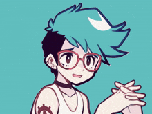 a drawing of a person wearing glasses and covering their eyes