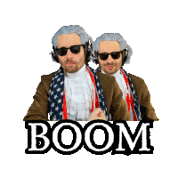 two men wearing sunglasses and headphones are standing next to each other with the word boom above them