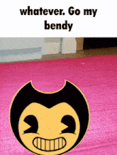 a pink rug with a bendy cartoon character on it