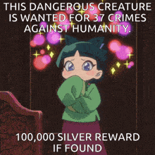 a picture of a little girl with a caption that says this dangerous creature is wanted for 37 crimes