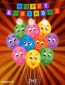 a birthday card with a bunch of colorful balloons and a banner that says happy birthday