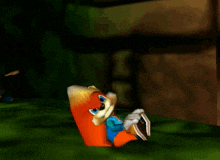 a cartoon squirrel in a blue shirt is sitting on the grass