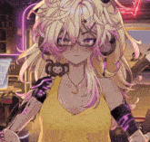 a girl with blonde hair and purple highlights has a monkey on her arm