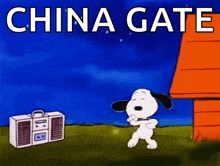 a cartoon of snoopy dancing in front of a boombox with the words china gate below him