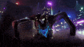 a monster is flying over a city at night with purple lights behind it