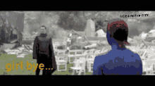 a man and a woman are standing next to each other and the words girl bye are visible