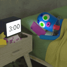 a cartoon character laying on a bed with a clock that says 3:00